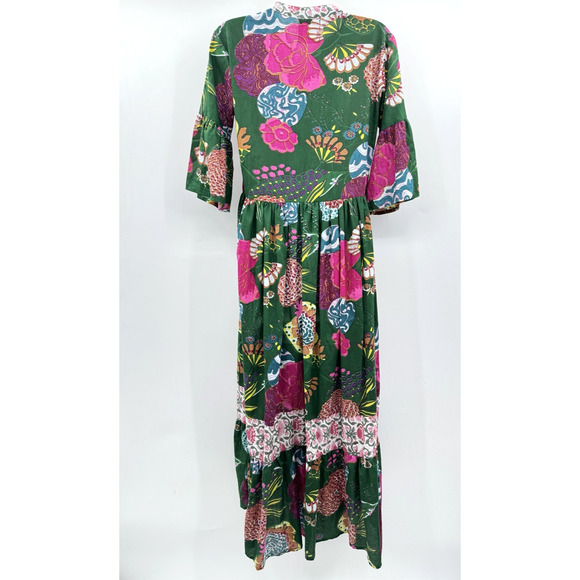 Mod's Mahal Boho Floral Tiered Maxi Dress Size XS Green Multi Tropical Resort - Picture 2 of 13